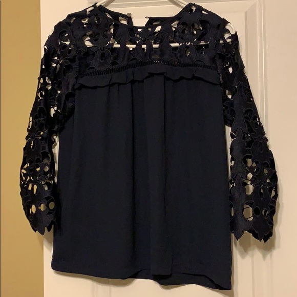 Loft navy blue lace sleeved top - Picture 1 of 7